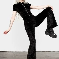 AMP1 Foxy Zip Up Velour Flared Jumpsuit