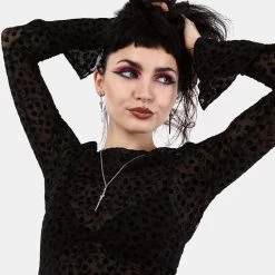 MET1 LOVESPELL FLOCKED MESH LONG SLEEVE TOP