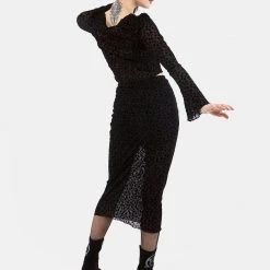 MET1 LOVESPELL FLOCKED MESH MIDI SKIRT Clothing