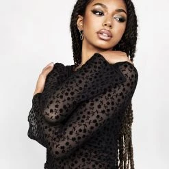 MET1 LOVESPELL FLOCKED MESH LONG SLEEVE TOP