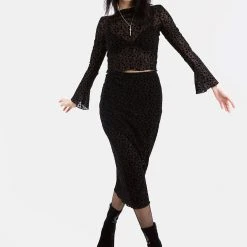 MET1 LOVESPELL FLOCKED MESH MIDI SKIRT Clothing